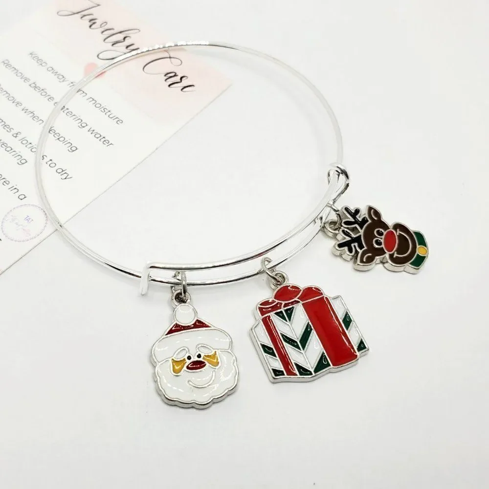 Christmas Santa, Present, and Reindeer Charm Bracelet, Silver Adjustable Jewelry